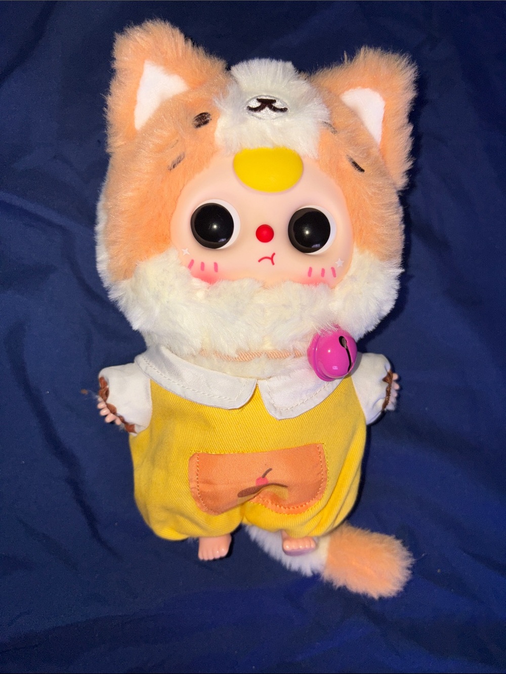 BABY THREE Plush Cat Doll in Orange, White & Yellow - Cute Bell Accessory NO BOX